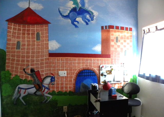 If I were this kid, I would be so mad at my parents. This castle is poorly constructed, that dragon is fat (retired?), and that knight on horseback is neither charming nor magical. 